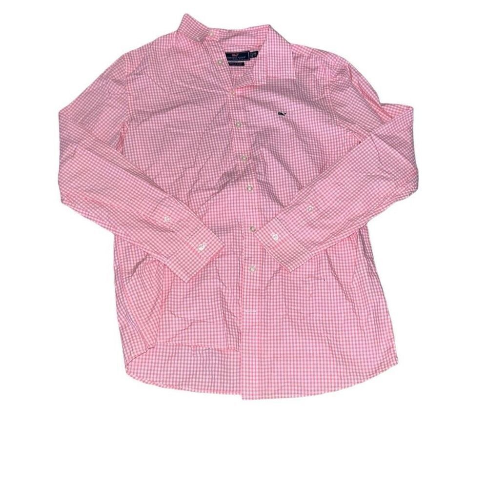 Vineyard Vines Boys Whale Shirt Long Sleeve Button Up Dressy Pink White Check XL